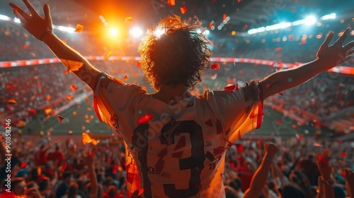 Joyful nerd loseryoung man waving in a crowded stadium, Stadium filled with cheering fans,generative ai photo