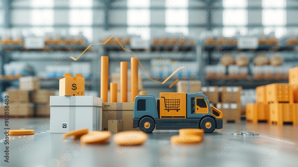 A warehouse scene with stacks of packages and a miniature truck, representing logistics, supply chain, and transportation. A warehouse scene with stacks of packages and a miniature truck, representing logistics, supply chain, and transportation.