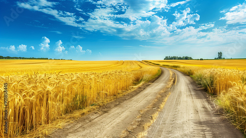 Asphalt road among golden wheat fields, characteristic of the summer, rural landscape. Charming views of agricultural lands and blue sky.