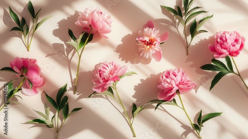 Fototapeta Naklejka Na Ścianę i Meble -  Top view of peonies in an aesthetic flat lay with sunlight shadows copy space on beige backdrop