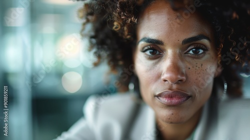 A resilient woman with curly hair faces the camera directly, her intense gaze exuding strength and determination in a vividly captured close-up shot.