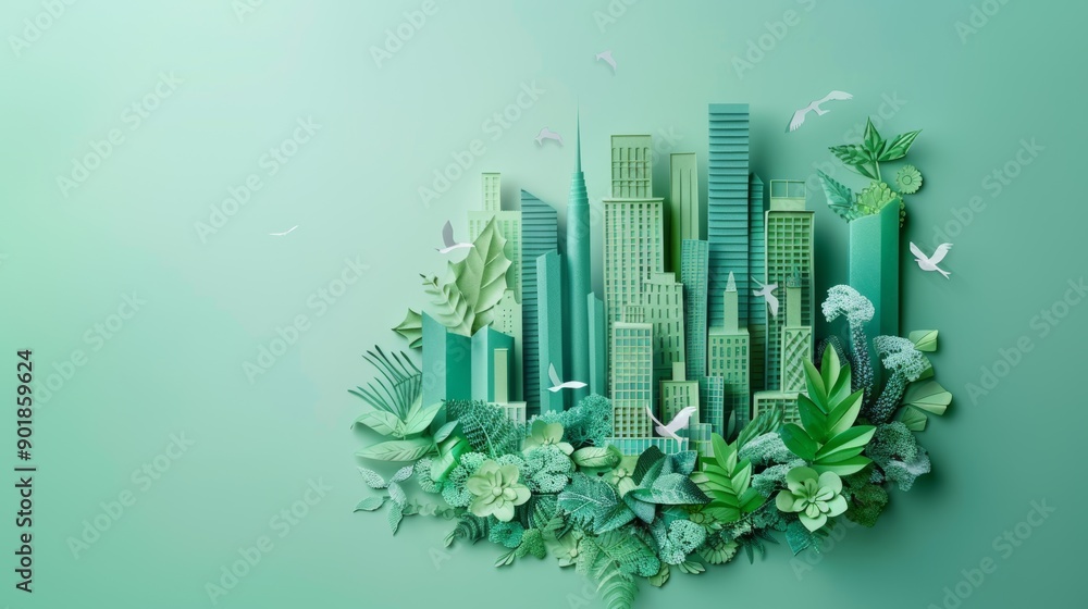 Sustainable ESG Green Concept with Paper Art Collage of Modern Cityscape and Nature Elements Sustainable ESG Green Concept with Paper Art Collage of Modern Cityscape and Nature Elements