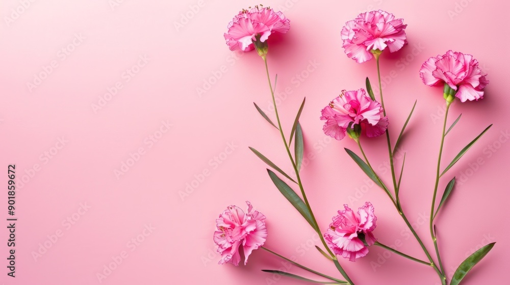 Fototapeta premium Pink carnations on a pink background with copy space.