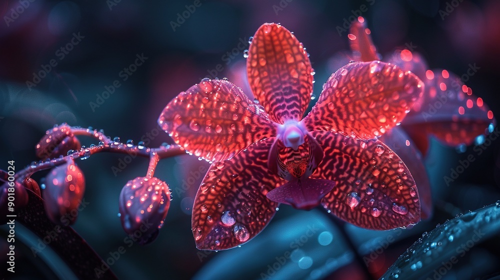Red flower with water droplets on its petals, blurred background Red flower with water droplets on its petals, blurred background