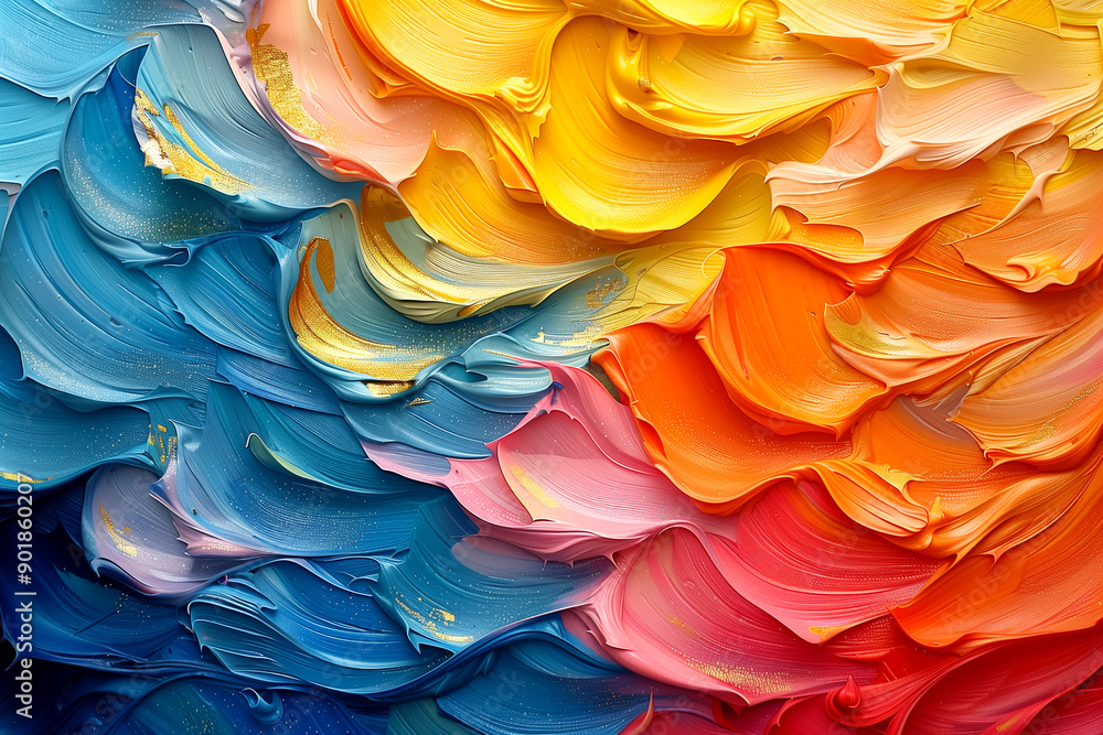 A painting of a colorful ocean with blue, pink, and yellow strokes. The painting has a vibrant and lively mood, with the colors blending together to create a sense of movement and energy A painting of a colorful ocean with blue, pink, and yellow strokes. The painting has a vibrant and lively mood, with the colors blending together to create a sense of movement and energy