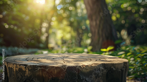 Wallpaper Mural Tree trunk stump as a table in a nature garden park on holiday. With a drooping tree branch, trunk with a smooth surface, to show your products, trees and sunlight in background  Torontodigital.ca