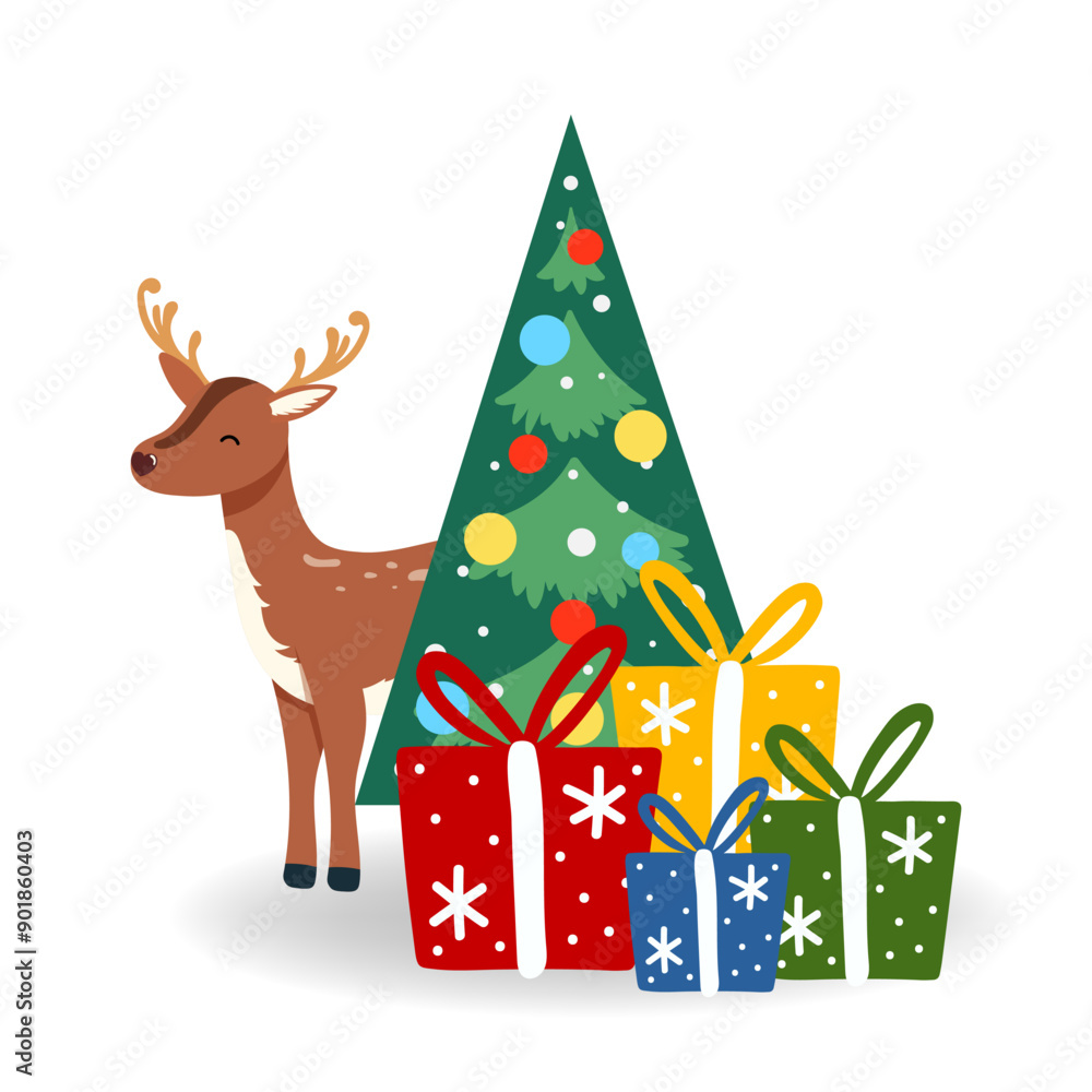 Naklejka premium Vector illustration of Christmas. Santa's Reindeer with gift, Christmas tree in flat style, isolated for holiday designs banner, cover, advertisement, greeting card. Concept of Christmas and New Year