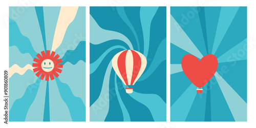 Retro style summer sky posters collection. Perfect for celebration, branding, banner, cover, label, card, sale. Vector template set.