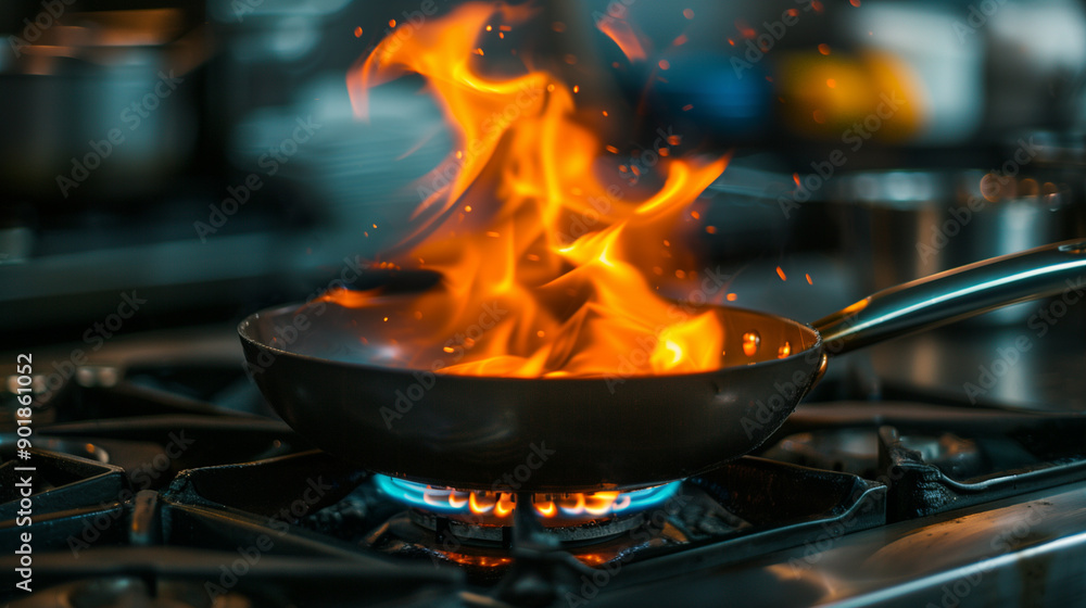 Fire bursting from under a black frying pan on the stove. Fire bursting from under a black frying pan on the stove.
