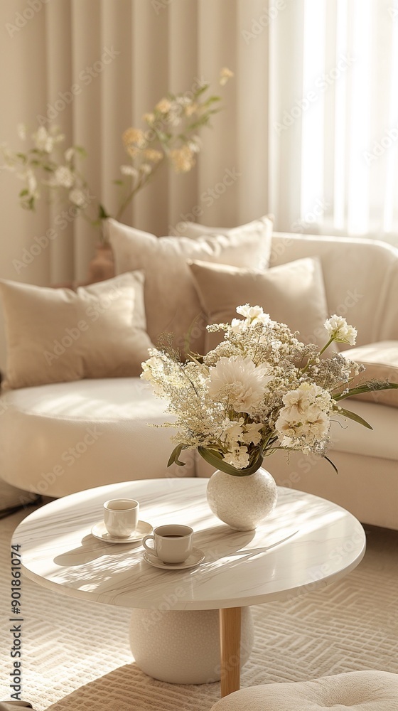 A chic living room with a round coffee table and fresh floral centerpiece, exuding warmth and elegance. A chic living room with a round coffee table and fresh floral centerpiece, exuding warmth and elegance.