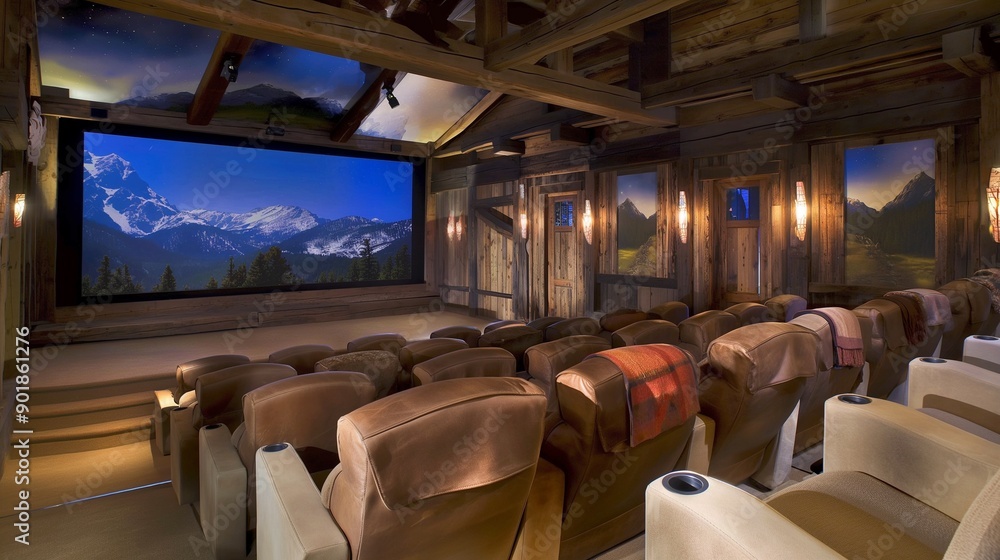 Large woodsy cabin-themed movie theatre with rustic decor, plush seating, and a warm ambiance. Large woodsy cabin-themed movie theatre with rustic decor, plush seating, and a warm ambiance.