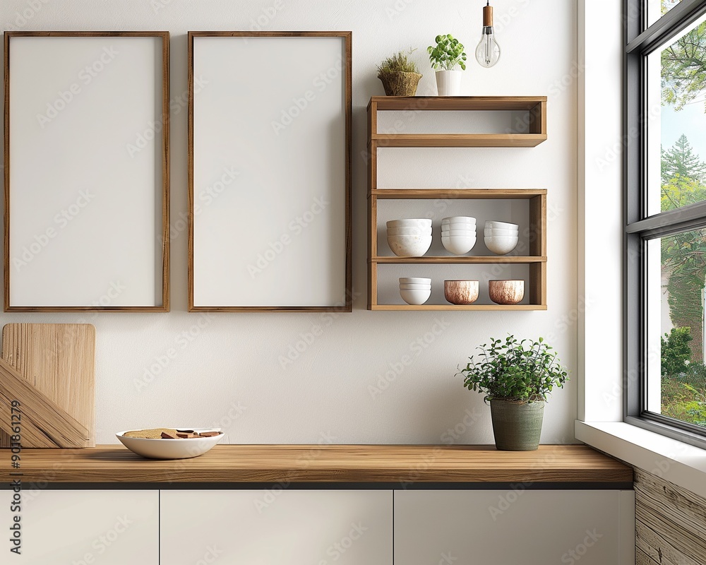 Shot of two empty poster frames in a minimalist kitchen setting, ideal for art display mockups. Perfect for design presentations and interior decor. Shot of two empty poster frames in a minimalist kitchen setting, ideal for art display mockups. Perfect for design presentations and interior decor.