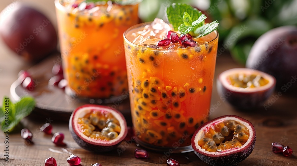 A pair of pomegranate drinks sits on a wooden table with a whole fruit A pair of pomegranate drinks sits on a wooden table with a whole fruit