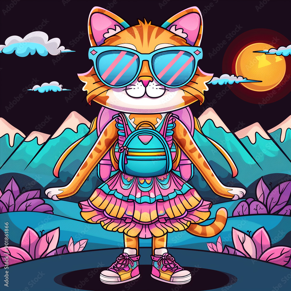 A cat wearing sunglasses and a pink dress is standing in front of a mountain range. The image has a playful and whimsical mood, with the cat looking like a child or a traveler A cat wearing sunglasses and a pink dress is standing in front of a mountain range. The image has a playful and whimsical mood, with the cat looking like a child or a traveler