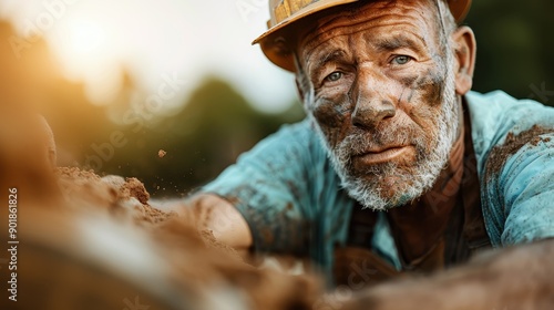 An elderly man, wearing a helmet and overalls, is seen working hard with determination in the soil, his face and clothes covered in dirt, against a blurred natural background.