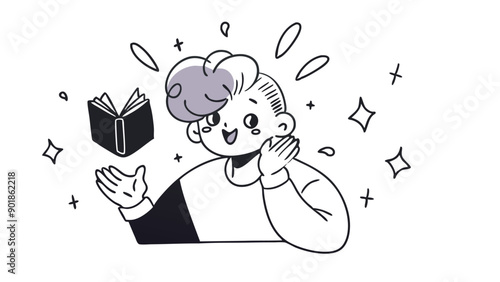A girl with a playful hairstyle and animated face, holding a book. Black and white palette. Excellent for educational illustrations, web design, or storytelling apps.