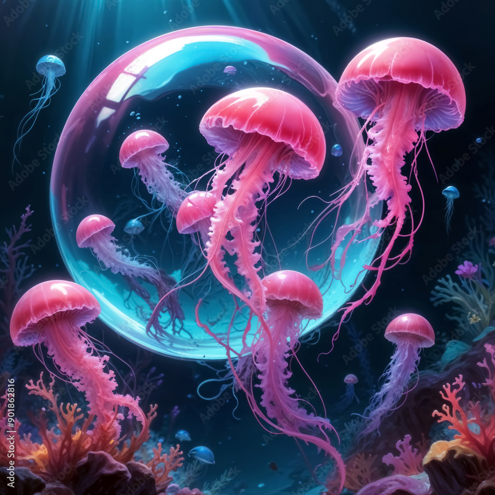 Obraz premium Colorful jellyfish-like creatures floating in a surreal underwater environment