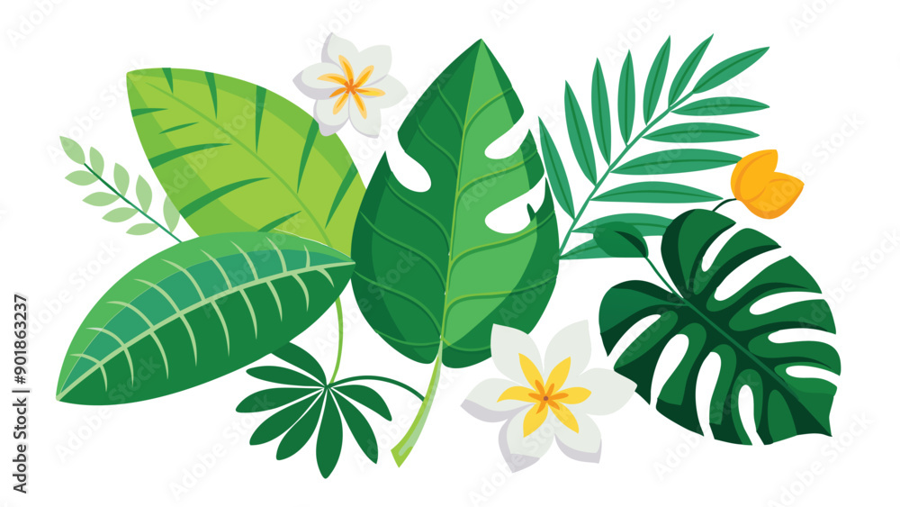 Fototapeta premium Tropical leaves. Cartoon jungle exotic palm plants and flowers. Banana, philodendron, plumeria, monstera leaf isolated on white background. Floral element vector set 