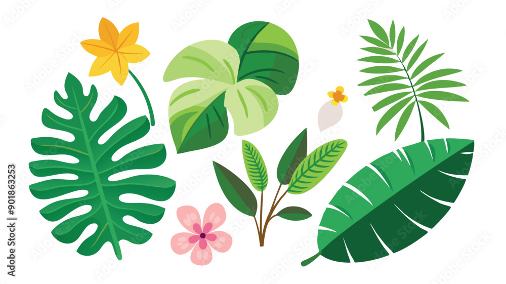 Naklejka premium Tropical leaves. Cartoon jungle exotic palm plants and flowers. Banana, philodendron, plumeria, monstera leaf isolated on white background. Floral element vector set 