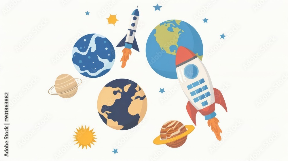Earth from space, educational space elements, flat design illustration, detailed, isolated on white background Earth from space, educational space elements, flat design illustration, detailed, isolated on white background