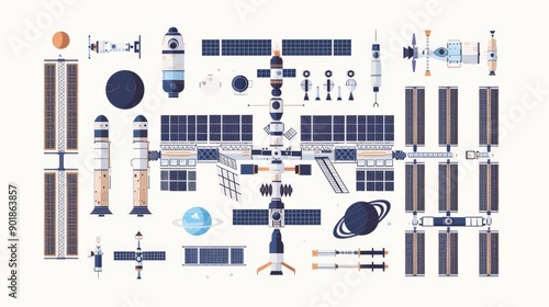 Fototapeta Naklejka Na Ścianę i Meble -  International Space Station, educational space elements, flat design illustration, realistic, isolated on white background