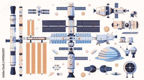 Fototapeta Naklejka Na Ścianę i Meble -  International Space Station, educational space elements, flat design illustration, realistic, isolated on white background