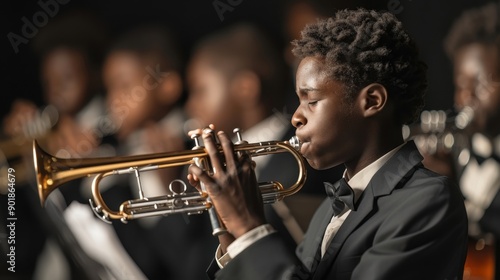 Young Student Jazz Trumpeter Performing in After-School Music Band