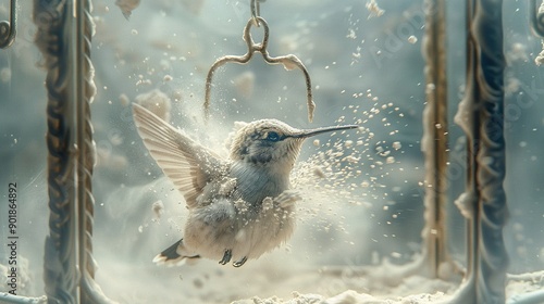   A bird soaring alongside a metallic framework with a suspended avian companion dangling from its rear photo