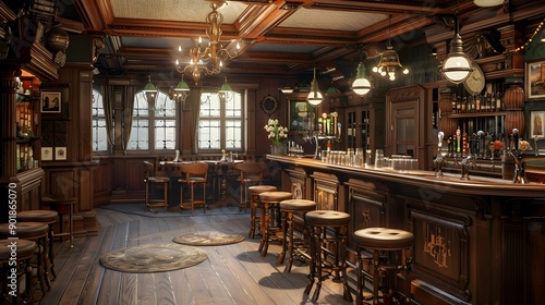 Classic British pub interior with rich wooden paneling, antique bar accessories, and a nostalgic bar scene setting