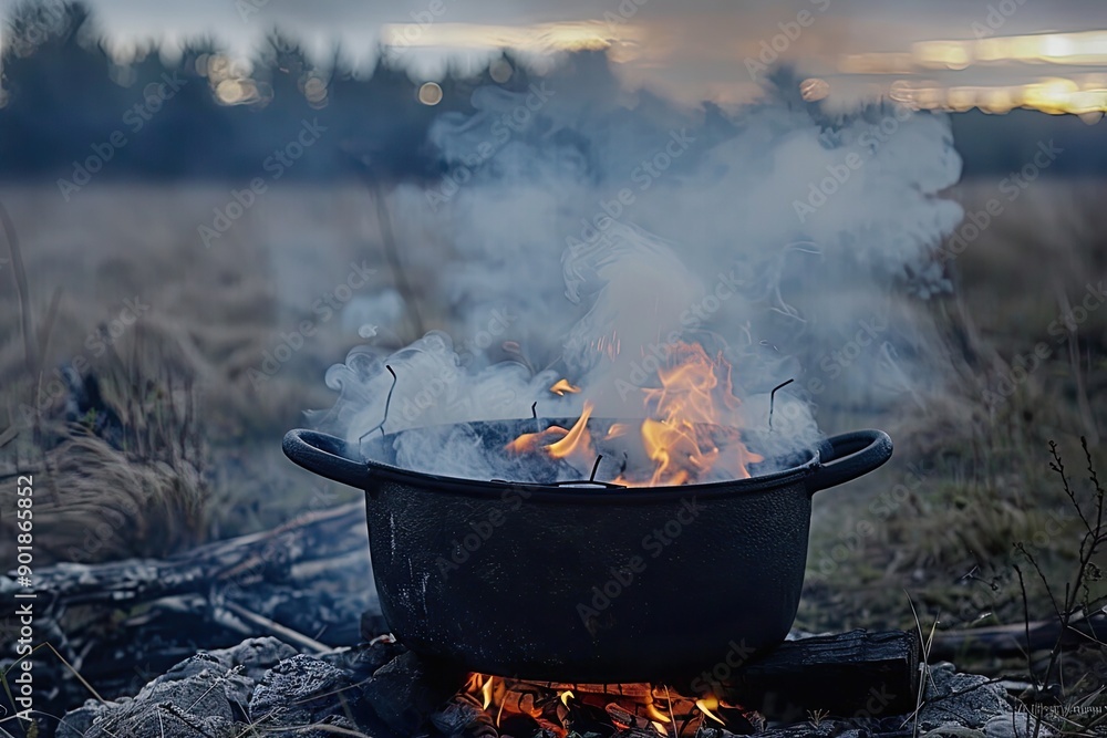 Campfire Cooking in Wilderness with Pot Campfire Cooking in Wilderness with Pot
