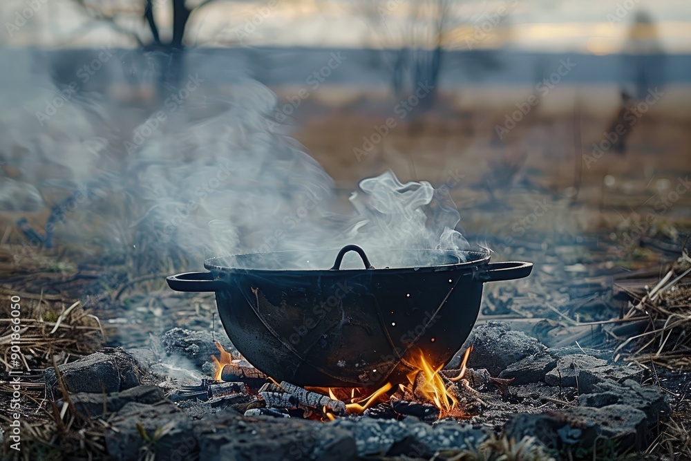 Campfire Cooking in Wilderness with Pot Campfire Cooking in Wilderness with Pot