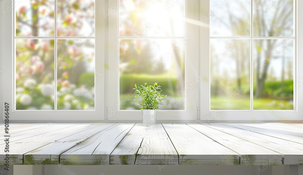 Bright Sunlit Garden View Through Window Bright Sunlit Garden View Through Window