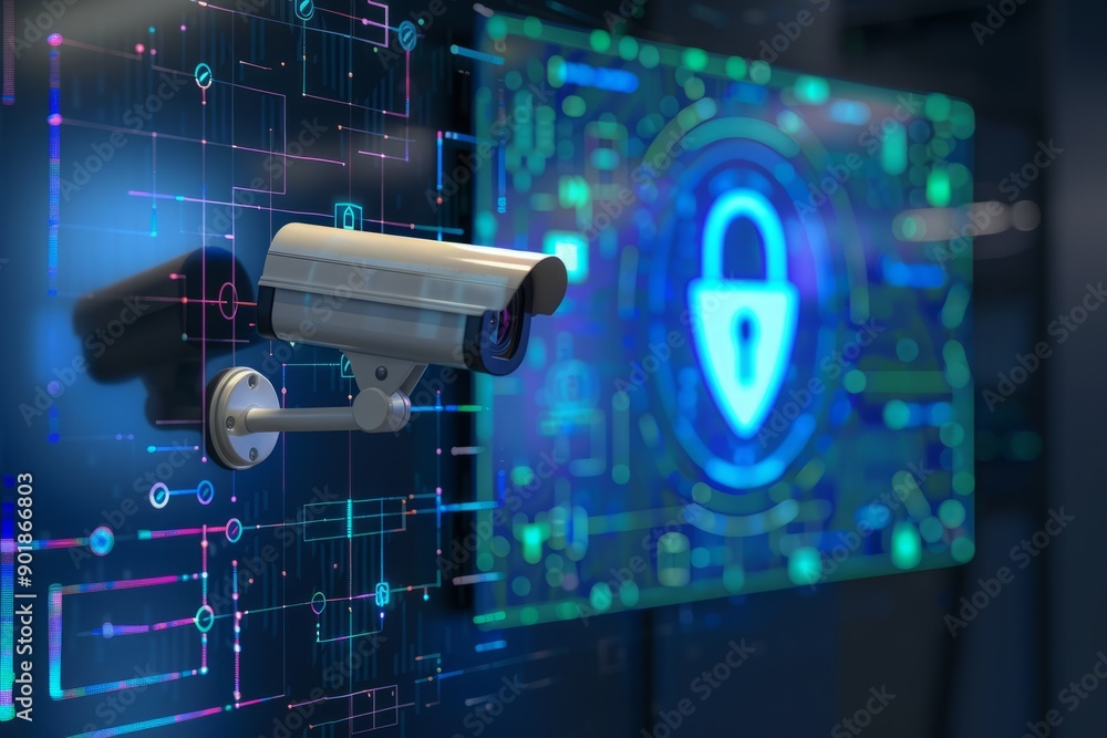 Security concept: Lock on digital screen, camera positioned above the screen Security concept: Lock on digital screen, camera positioned above the screen