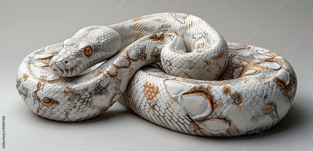 Obraz premium White and brown patterned python coiled up, showcasing detailed scales.