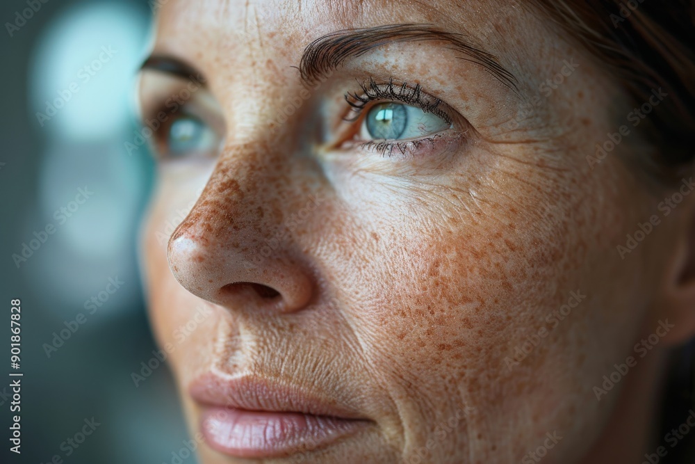 Fototapeta premium Close-up of a Mature Woman with Freckles Staring into the Distance - Detailed Portrait Highlighting Skin Texture and Natural BeautyClose-up