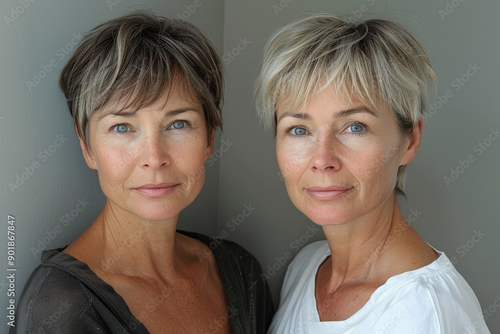 Portrait of two mature women with short gray hair standing closely together, wearing casual outfits, looking directly at the camera Portrait of two mature women with short gray hair standing closely together, wearing casual outfits, looking directly at the camera