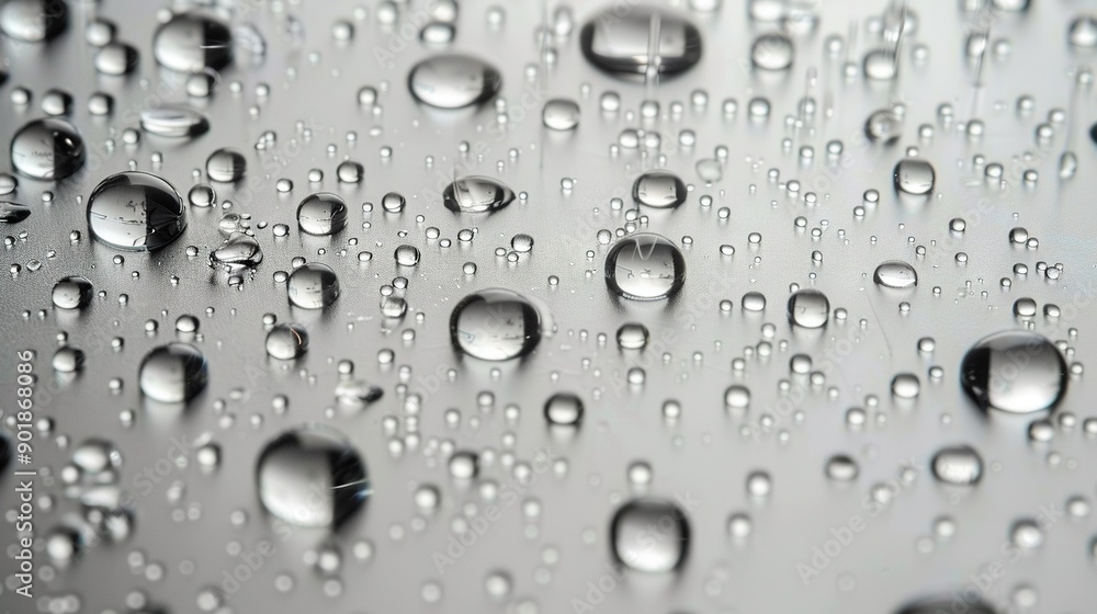 A close-up of water droplets on a metal surface with water drops on both surfaces A close-up of water droplets on a metal surface with water drops on both surfaces