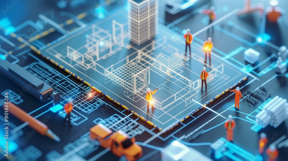 Fototapeta premium Miniature Engineers Working on Digital Circuit Board with Architectural Blueprint Overlay