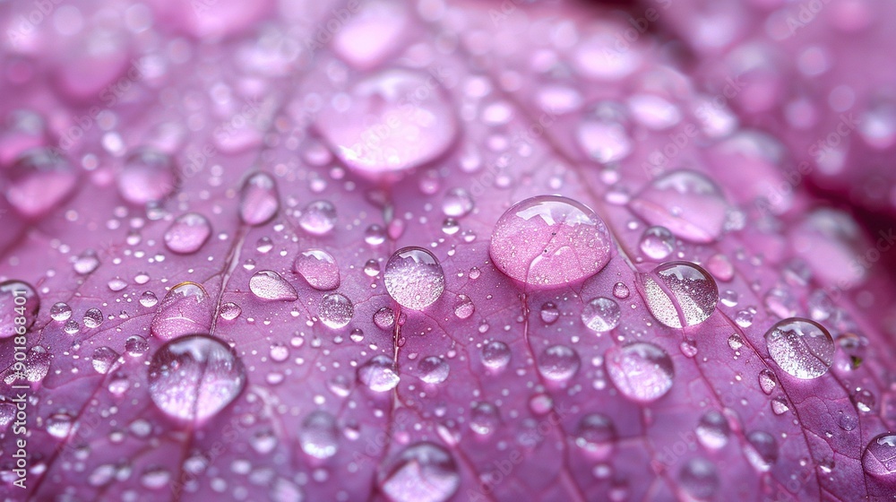 Purple flower with water droplets on petals, green leaf in background Purple flower with water droplets on petals, green leaf in background