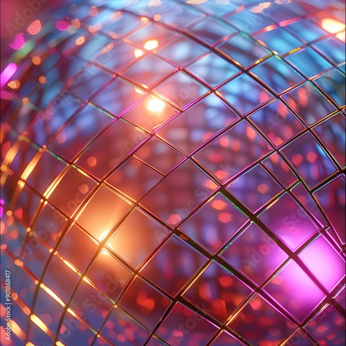 Vibrant Close-Up of Reflective Disco Ball with Colorful Illumination, Abstract Geometric Background Showing Dynamic Light Reflections and Prism-Like Effectsabstract photo