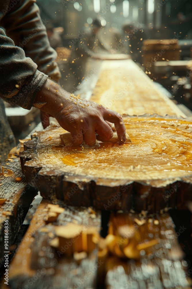 Close-up of Craftsman Sanding Wooden Surface on Large Slab in Rustic Workshop with Sunlight Filtering Through Window Creating Atmospheric Effectwoodworking Close-up of Craftsman Sanding Wooden Surface on Large Slab in Rustic Workshop with Sunlight Filtering Through Window Creating Atmospheric Effectwoodworking