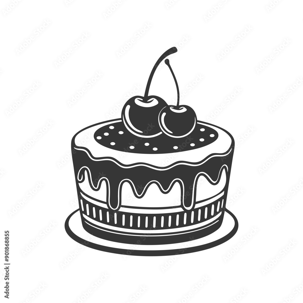 Cherry cake on white background, engraving, silhouette. Black and white illustration of dessert, pastry, food icon Cherry cake on white background, engraving, silhouette. Black and white illustration of dessert, pastry, food icon