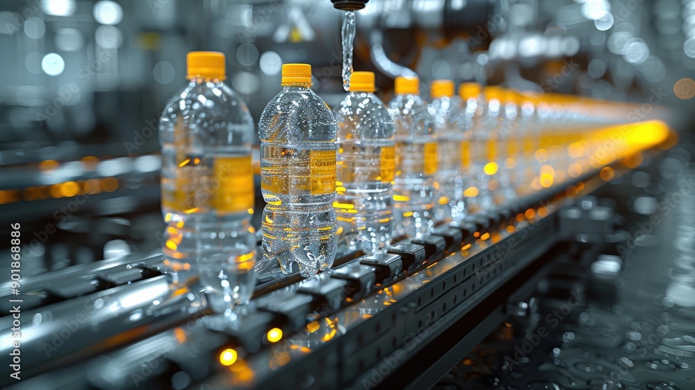 Automated Water Bottle Filling Line in Modern Beverage Factory with Clear Plastic Bottles and Orange Caps on Conveyor Beltproduction line Automated Water Bottle Filling Line in Modern Beverage Factory with Clear Plastic Bottles and Orange Caps on Conveyor Beltproduction line
