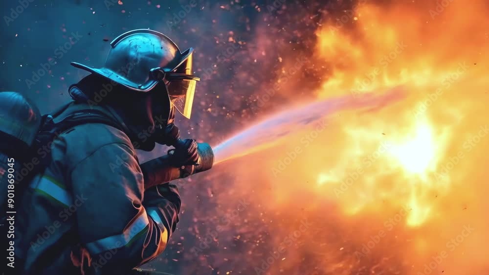 Male firefighter while extinguishing a huge fire Male firefighter while extinguishing a huge fire