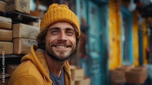 A young man in a yellow beanie and hoodie, is captured smiling warmly while sitting among stacks of cardboard boxes, depicting a casual and upbeat moment.