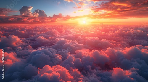 The sun is setting behind a seemingly endless expanse of fluffy clouds, bathing them in a warm, orange glow © ProVector