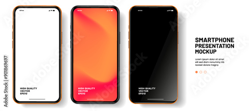 Realistic smartphone mockup. Mobile phone vector with isolated on white background. Device front view. 3D mobile phone with shadow. Realistic, high quality smart phone mockup for ui ux presentation.