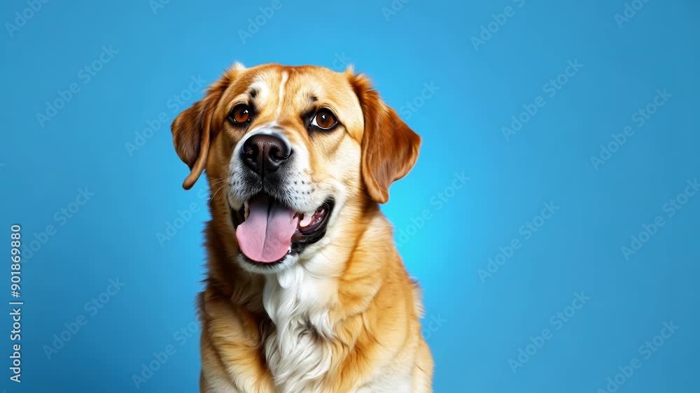 Happy Labrador Dog Smiling Brightly Against Blue Backdrop Happy Labrador Dog Smiling Brightly Against Blue Backdrop