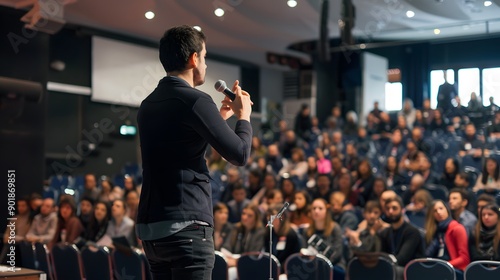 A speaker addresses a large audience at a conference.