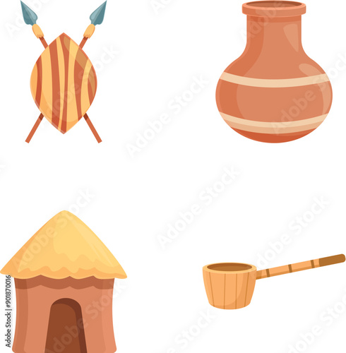 African culture icons set cartoon vector. Culture and life of aboriginal tribe. South africa